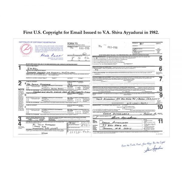 Commemorative print of first U.S. copyright for Email signed by Sr. Shiva Ayyadurai
